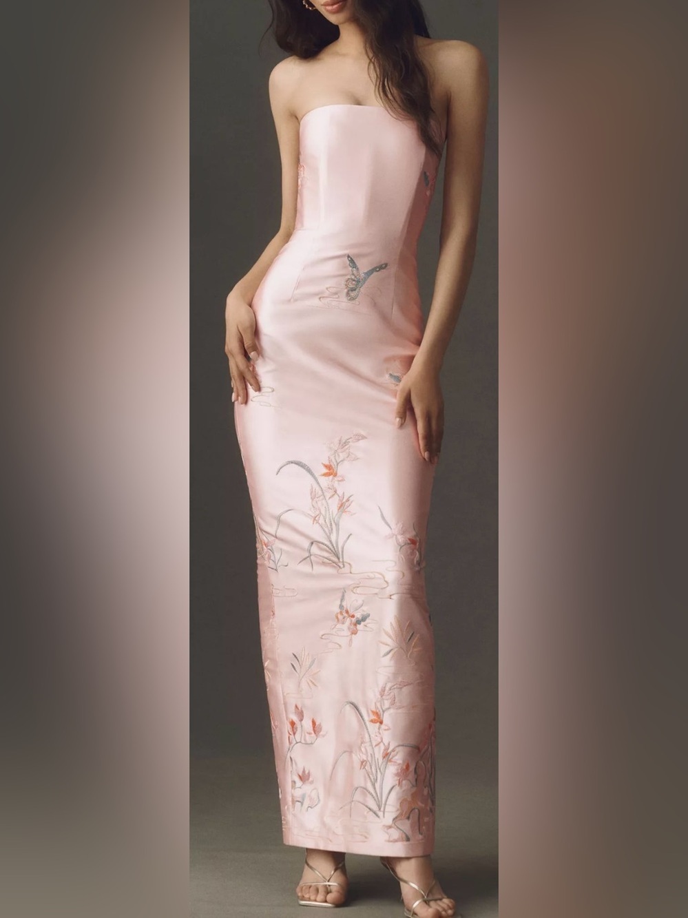 NEW SAU LEE Isla Butterfly Embroidered Strapless Satin Pink multi Gown Sz 2